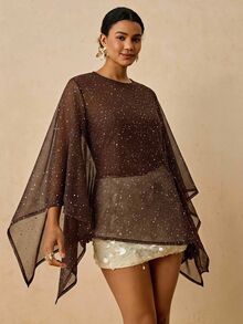 Freevana Women's Plus-Size Sheer Shimmering Top, Loose Brown Long-Sleeve Blouse, Elegant Flowy Outfit For Parties And Nights Out, Fall/Winter Fashion, Boho - Coffee Brown - View 8
