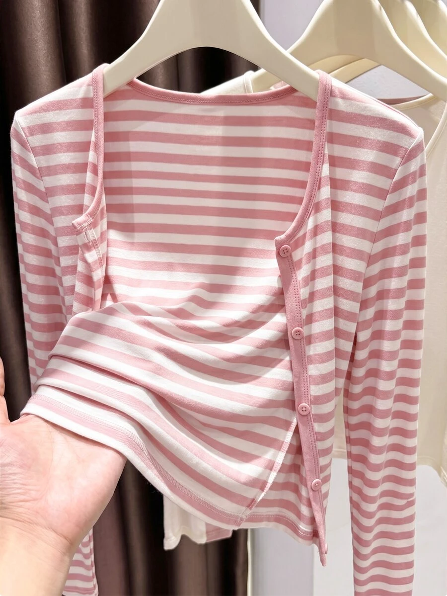 INAWLY 女款條紋長袖單排扣休閒上衣 - 粉色 - 查看 1