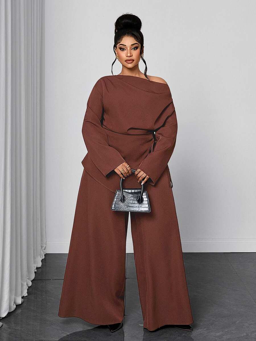 Maweii Plus Size Women's Solid Color Asymmetrical Shoulder Long Sleeve Top And Wide Leg Pants 2 Pieces Set - Brown - View 1