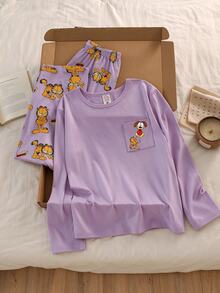 GARFIELD | SHEIN 少女口袋長袖上衣與卡通印花長褲套裝 - 淡紫色 - 查看 3