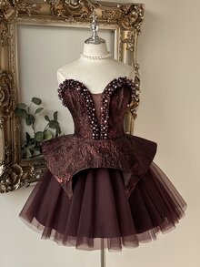 Lovelzi Elegant Romantic Gold & Silver Metallic Jacquard Satin Patchwork Tulle Circle Skirt With Luxurious Handmade Pearl Decor Short Hem, Suitable For Pre-Wedding Party, Wedding And Graduation Prom - Khaki - View 1