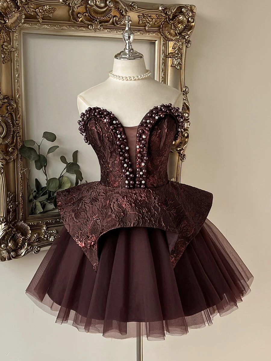 Lovelzi Elegant Romantic Gold & Silver Metallic Jacquard Satin Patchwork Tulle Circle Skirt With Luxurious Handmade Pearl Decor Short Hem, Suitable For Pre-Wedding Party, Wedding And Graduation Prom - Khaki - View 1