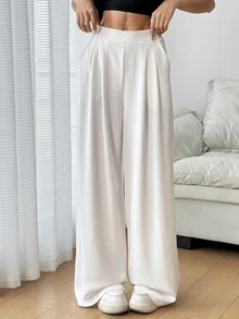 SHEIN EZwear 女款白色高腰百褶寬腿長褲，夏季 - 白色 - 查看 4