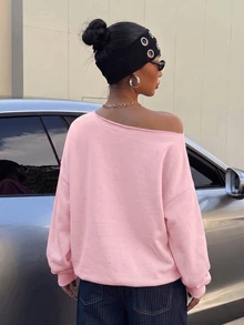 SHEIN EZwear 女款休閒粉色露肩寬鬆長袖衛衣，33%棉，女款反季服飾 - 淺藍色 - 查看 3