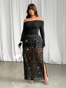 GalTyme Plus Size Elegant Sequin Sheer Skirt For Evening Party - Black - View 5