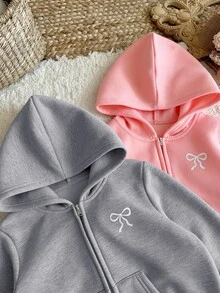 SHEIN LMoss Kids 買1送1，2件組女孩純色連帽寬鬆休閒衛衣，度假風，休閒學院風，適合秋冬，日常穿著 - 彩色 - 查看 3