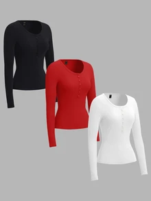 SHEIN EZwear 3件組大尺碼秋季T恤 - 彩色 - 查看 3