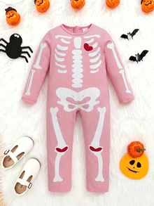 Elladie kids Girls' Skull Print Slim Fit Jumpsuit, Soft Fabric, Back Zipper Easy To Wear, Suitable For Halloween, Party, Outing And More - Pink - View 6