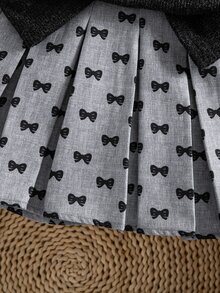 SHEIN Elladie kids 女童刺繡喇叭袖荷葉邊飾T恤與蝴蝶結裝飾百褶迷你裙套裝 - 黑色 - 查看 6