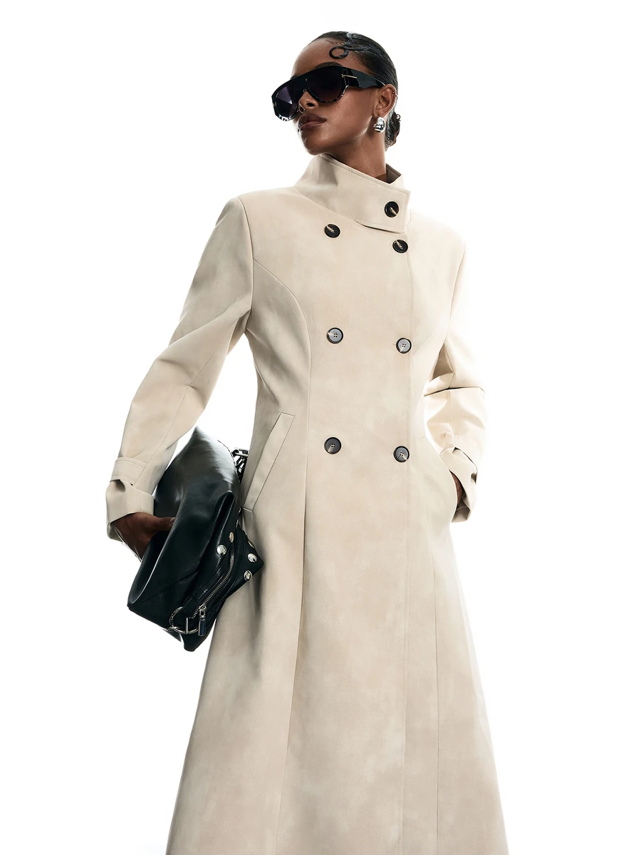 LYSMO Women's Double-Breasted Long Sleeve Trench Coat - Khaki - View 1