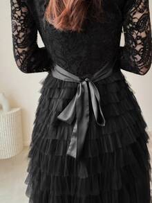 FRIFUL Women's Lace Mesh Patchwork Casual Party Midi Dress - Black - View 8