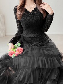 FRIFUL Women's Lace Mesh Patchwork Casual Party Midi Dress - Black - View 5