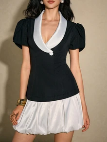 Poéselle Women's Contrast Color Shawl Collar Petal Short Sleeve Elegant Dress - Black - View 4