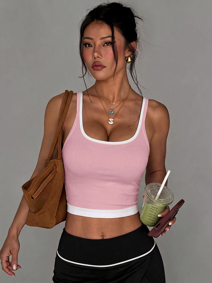 Slayform Slayform 女款運動瑜珈戶外健身背心,可調節肩帶,對比色設計 - 粉色 - 查看 1