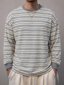 DAZY 男士春秋款圓領灰色與米白色條紋羅紋袖口長袖T恤 - 彩色 - 查看 6