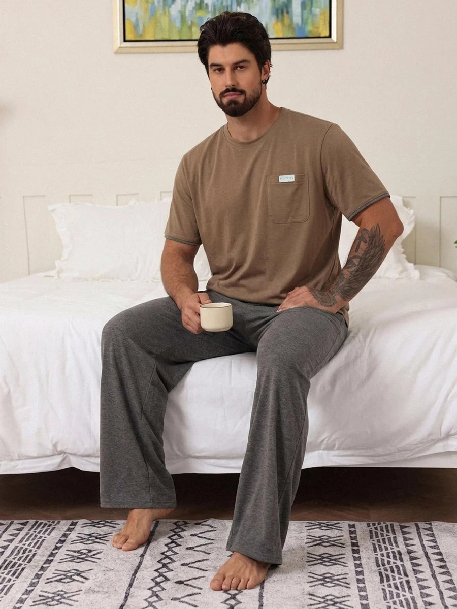 DAZY Summer Solid Color Label T-Shirt & Men's Loungewear Set - Camel - View 1