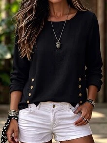 Zayélia Women's Round Neck Pullover Apricot Color Wooden Button Decor Hem Long Sleeve Casual Top Spring Autumn Linen Vacation Commute - Black - View 4