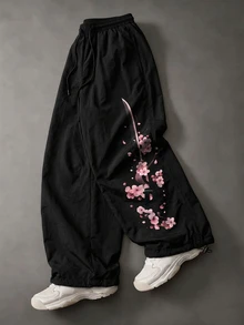 Sport MetroGents 男士彈性抽繩腰花卉印花時尚休閒寬鬆長褲 - 黑色 - 查看 1
