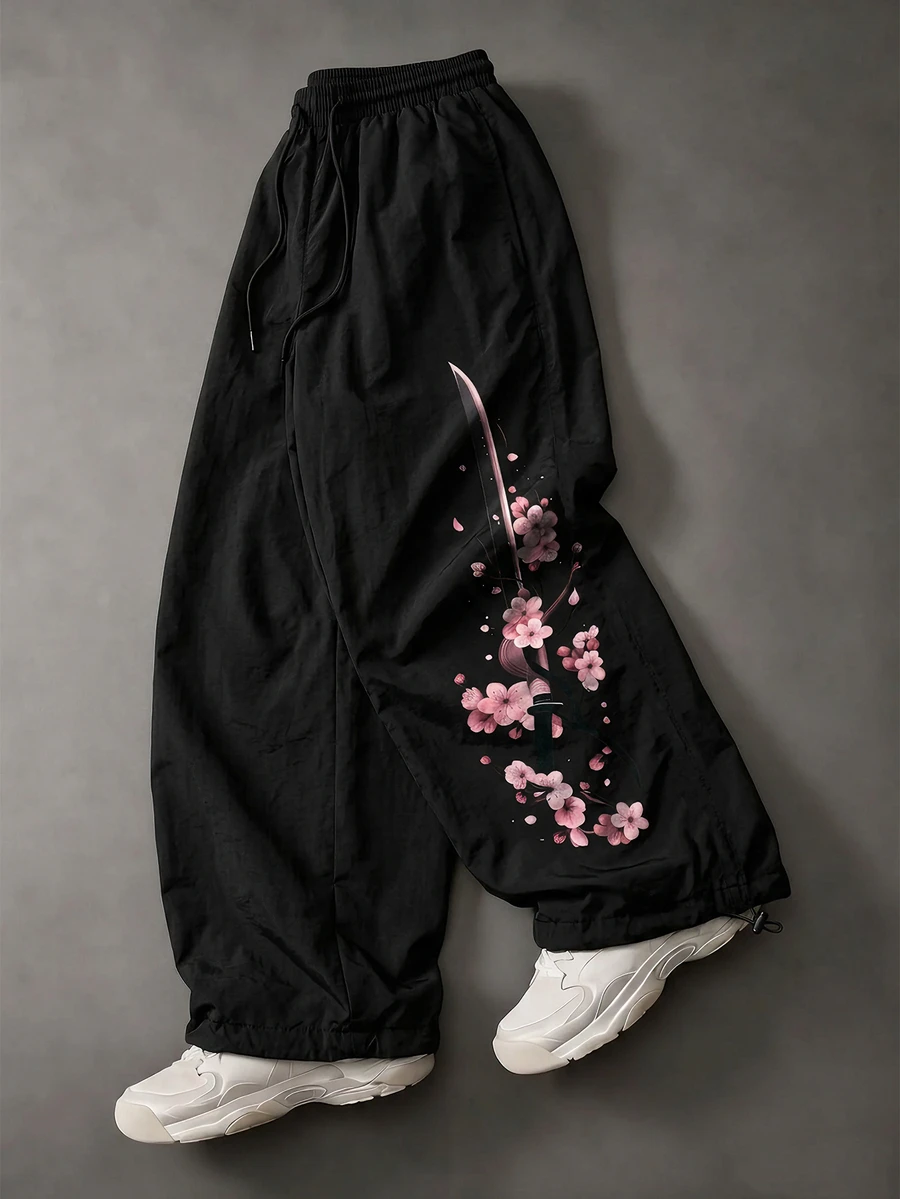 Sport MetroGents 男士彈性抽繩腰花卉印花時尚休閒寬鬆長褲 - 黑色 - 查看 1