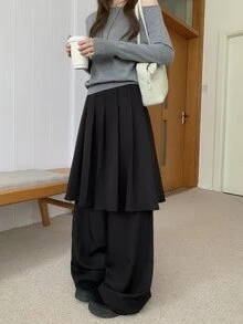 DAZY Women's Pleated 2 In 1 Casual Solid Color Korean Style Loose Fit Long Pants - Black - View 4