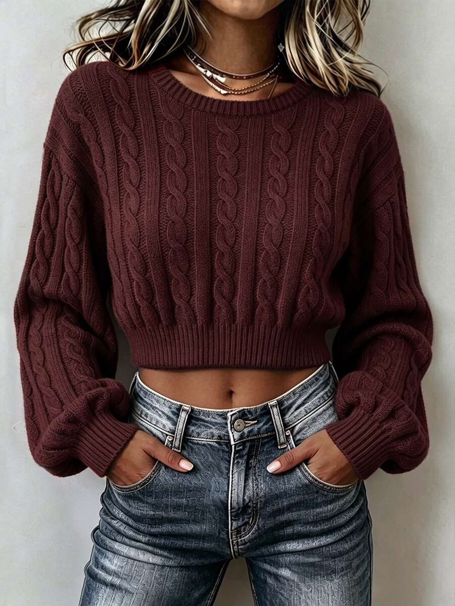 Trelyra كنزة نسائية بياقة دائرية وأكمام طويلة وكتف منسدل - Red Plum - مشاهدة 1