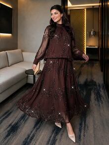 Auveirra Plus Size Sequin Pleated Top And Long Skirt 2 Pieces Set - Mocha Brown - View 1