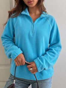 DAZY Women's Raglan Long Sleeve Zipper Half-Placket Casual Sweatshirt - Blue - View 3