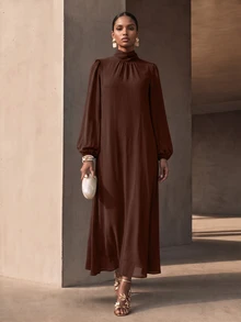 Vesra 女款高領純色長袖極簡時尚寬鬆連身裙 - 鏽棕色 - 查看 3