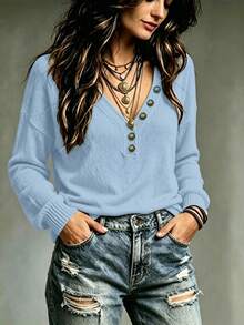 SHEIN Sweater Kasual Wanita Warna Polos Leher V, Modis, Cocok untuk Perjalanan Sehari-hari, Warna Biru Muda, Musim Gugur - Dusty Blue - View 4