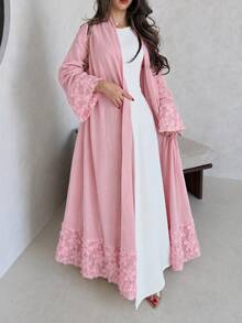 Yasmyna Women Spring Autumn Outfit Gentle Pink 3D Floral Beaded Open Abaya Elegant Flare Sleeve Maxi Cardigan For Family Gathering Engagement Wedding Guest - Pink - View 6