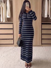 Modelyn Women's Polo Collar Striped Contrast Color Autumn/Winter Long Sleeve Sweater Dress - Royal Blue - View 4