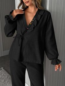 SHEIN Long Sleeve Embroidery On The Collar And Front Tie Detailed Casual Dusty Pink Lounge Set - Black - View 5