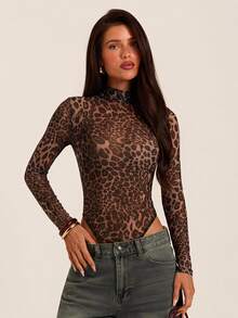 SHEIN BAE Women's Sheer Leopard Print Long Sleeve Bodysuit - Khaki - View 1
