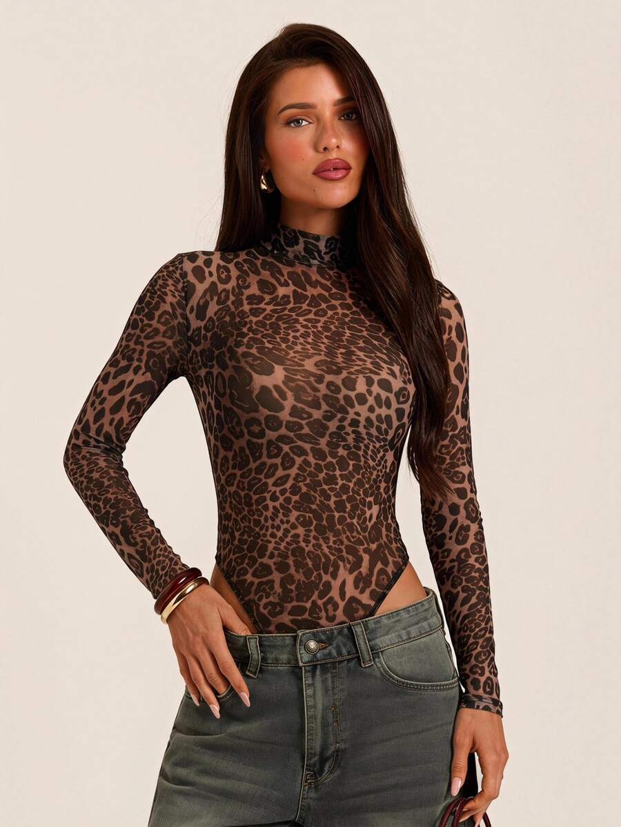 SHEIN BAE Women's Sheer Leopard Print Long Sleeve Bodysuit - Khaki - View 1