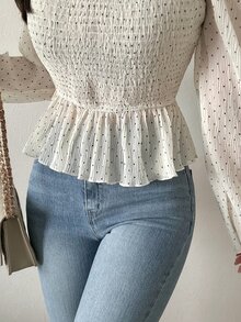 FRIFUL Women's Polka Dot Pleated Casual Versatile Everyday Outing Blouse - White - View 5