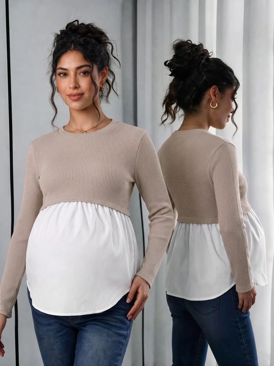 Momance Maternity Top Solid Color Round Neck Long Sleeve Casual Blouse For Outings And Home Wear Autumn - Apricot - View 1