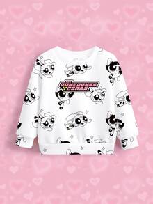 THE POWERPUFF GIRLS X SHEIN 女童字母卡通印花圓領長袖休閒衛衣 - 白色 - 查看 3