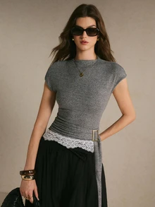 Poéselle Women's Lace Patchwork Casual Daily Short Sleeve Top - Grey - View 7