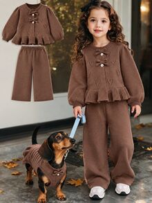 Girls' Autumn Knit Set, Heart Hollow Bow Cardigan + Draped Straight Leg Pants, Soft Coffee Color 2 Pieces Set - Coffee Brown - View 8