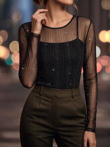 Editum Women's Round Neck Shiny Mesh Long Sleeve Fitted Sexy Top - Black - View 3