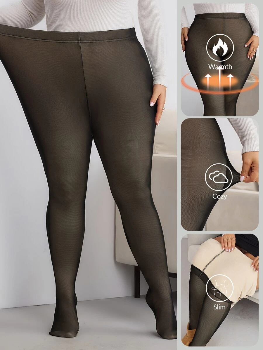 SHEIN CURVE+ Plus Size Solid Color High Waist Simple Fitted Leggings, Casual Everyday Wear - Black - View 1