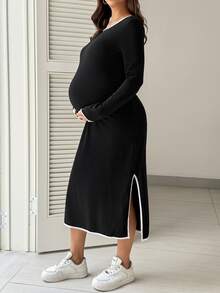 SHEIN Maternity Fitted Casual Dress With Trimmed Round Neck, Long Sleeves And Side Slit Hem - Black - View 4