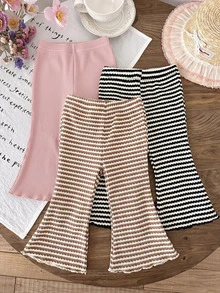 SHEIN LMoss Kids LMoss 3件組女嬰針織純色條紋休閒喇叭褲套裝 - 粉色 - 查看 7