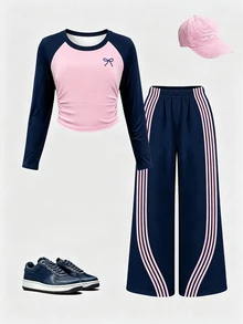 Tween Girls Casual Fashion Bow Design Pink & Navy Blue Colorblock Pattern Ruched Waist Long Sleeve T-Shirt With Navy Blue Base & Pink Stripe Wide Leg Pants Fall Outfits - Multicolor - View 3