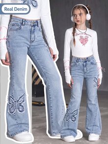 SHEIN Genkimix Kids 女童 Y2K 美式復古牛仔喇叭褲，淺藍色復古水洗 3D 蝴蝶結貼花，微喇長褲，大童女童提臀修身彈性緊身喇叭牛仔褲 - 淺色水洗藍 - 查看 3