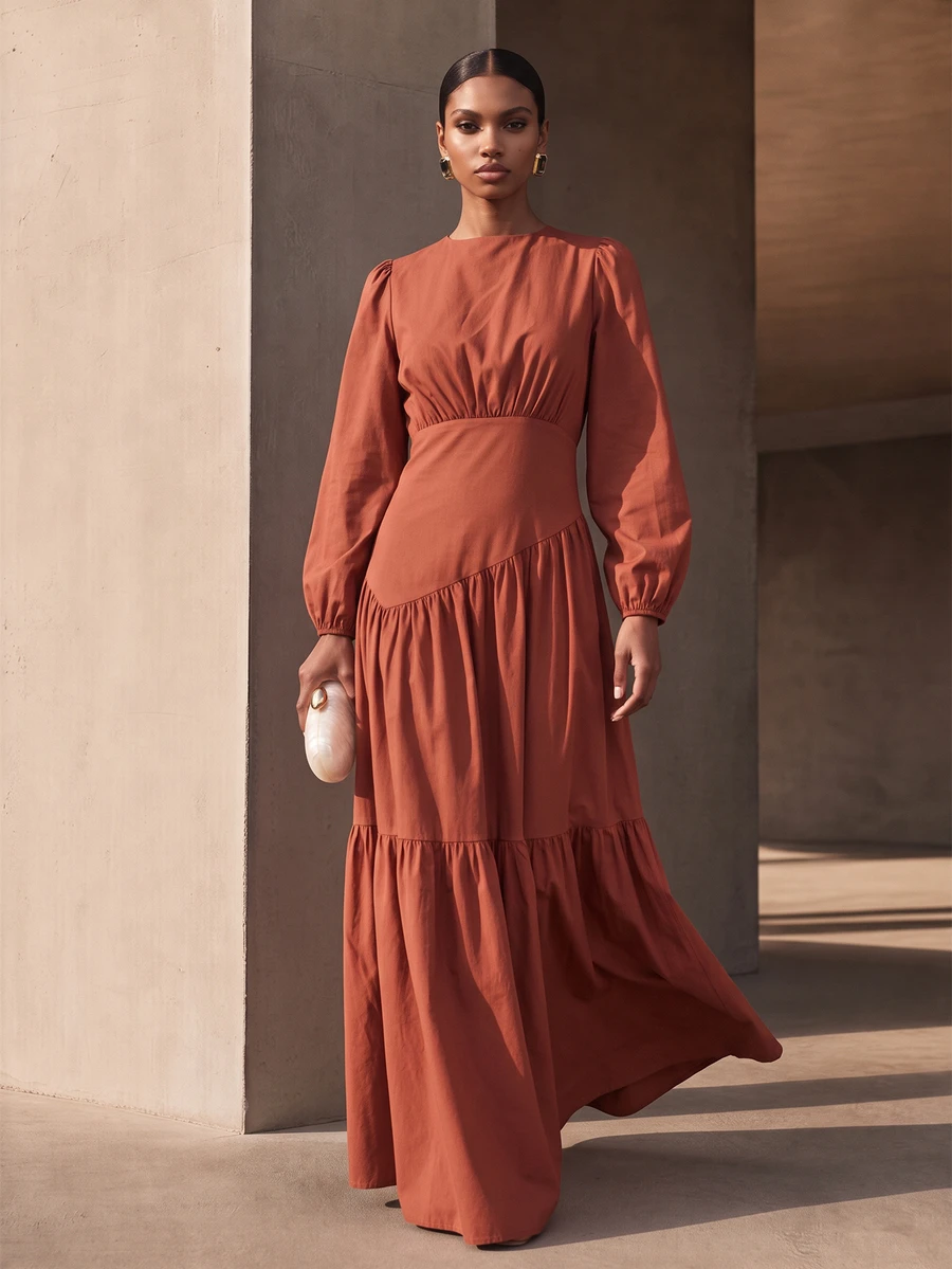 Vesra Women's Bubble Sleeve Pleated Long Dress - Red - View 1