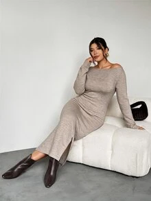 Rosumi Long Fitted Long Sleeve Round Neck Dress - Dusty Purple - View 6