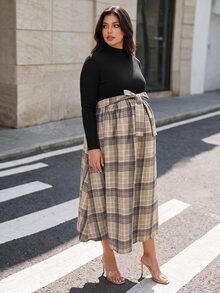Momance Plus Size Maternity Dress Long Sleeve Waist Tie Plaid Dress Autumn/Winter Fall - Black - View 6