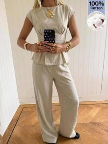 SHEIN EZwear 女款純色百褶上衣與長褲休閒日常套裝 - 杏色 - 查看 6