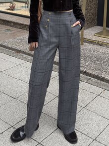 FRIFUL Women's Waist Button Design Pocket Plaid Straight Leg Pants - Brown - View 3